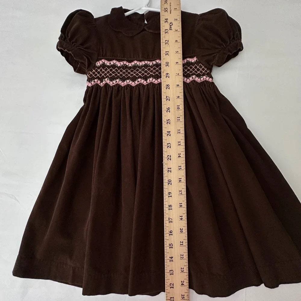 Mom Me Girls Dress 4 Brown Corduroy Smocked Floral Peter Pan Collar Cottage VTG